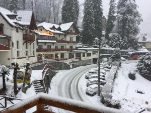 pokryta śniegiem ulica z samochodami zaparkowanymi na dziedzińcu w obiekcie Ski 3 Vallées à 80m télécabine de l'Olympe - appt 50m2, 3étoiles w mieście Brides-les-Bains
