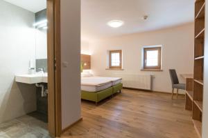 1 dormitorio con 1 cama y lavamanos en una habitación en Das Geringer, en Schladming