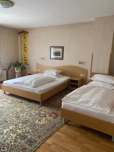 a bedroom with two beds and a rug at Family Hotel Zdravets in Sofia