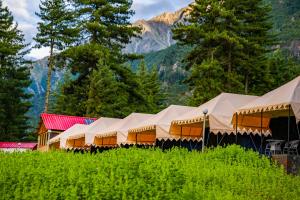 a row of tents in a field with a mountain at SAILYA CAMPING AND TREKKING in Saturang