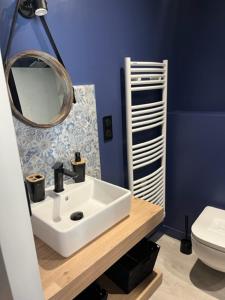 La salle de bains est pourvue d'un lavabo, d'un miroir et de toilettes. dans l'établissement LE CHAPITRE - Agréable maison de ville, à Autun