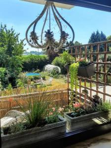 a garden with a chandelier and some plants at African Lodge im Pilgerglück in Jüchen