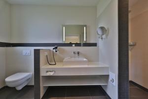 a bathroom with a sink and a toilet and a mirror at Hotel Gödecke in Sarstedt