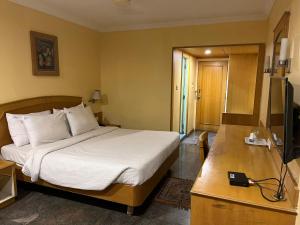 a hotel room with a bed and a television at ASR Guesthouse in Tirupati