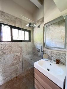 La salle de bains est pourvue d'un lavabo et d'une douche en verre. dans l'établissement Belle Villa aux portes de Montpellier, à Montferrier-sur-Lez