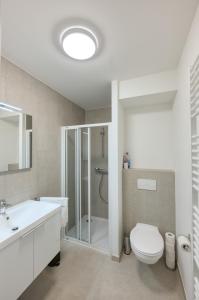 a bathroom with a toilet and a sink and a shower at Cosy Seaside Apartments in Ostend
