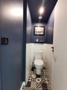 a bathroom with a toilet and a blue wall at Nantes panoramique in Nantes