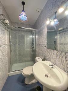 a bathroom with a toilet and a sink and a shower at Arena Surf Hotel in Somo