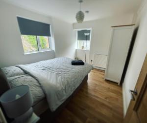 a bedroom with a bed and two windows at Mary Cottage, Braunton, Devon in Braunton
