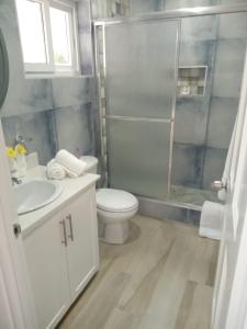 a bathroom with a toilet sink and a shower at JemmRose Suites in Choc