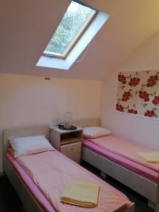 Duas camas num quarto com uma clarabóia em CASA GRETA em Lupeni