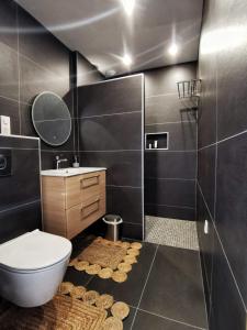 La salle de bains est pourvue de toilettes, d'un lavabo et d'une douche. dans l'établissement Maison neuve 4 étoiles plain-pied proche de la mer, à Plurien