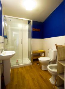 uma casa de banho com um chuveiro, um WC e um lavatório. em Casa junto a Reserva del Saja, bosque y montaña em Arenas de Iguña
