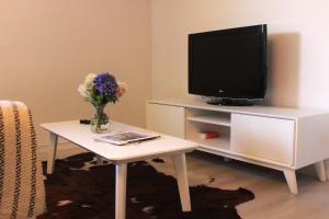 ein Wohnzimmer mit einem TV und einem Tisch mit Blumen in der Unterkunft 73m2 Apartment with sauna in Växjö, Teleborg in Växjö