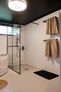 ein Bad mit einer Dusche und einer Glasduschkabine in der Unterkunft 73m2 Apartment with sauna in Växjö, Teleborg in Växjö