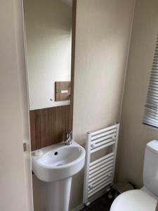 a bathroom with a sink and a toilet and a mirror at Adams Caravan Holidays in Morecambe