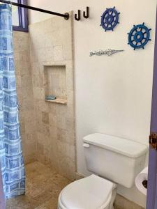a bathroom with a white toilet and a blue shower curtain at Casita Caribe en reserva natural, playa privada, kayaks, wifi, aire acondicionado in San Onofre