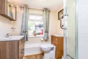 een badkamer met een toilet, een wastafel en een douche bij Hunston Mill Self Catering Dog Friendly in Chichester