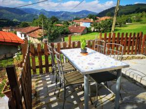 una mesa y sillas con una maceta en un patio en La casina del Cabrajigo, en Cangas de Onís