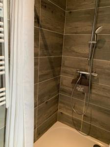 La salle de bains est pourvue d'une douche avec rideau de douche. dans l'établissement Appartement 4 chambres centre-ville, à Bourg-en-Bresse
