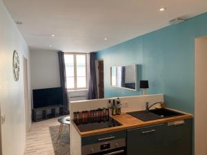 d'une cuisine avec des murs bleus et un comptoir avec un évier. dans l'établissement Appartement 4 chambres centre-ville, à Bourg-en-Bresse