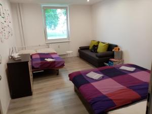 een woonkamer met 2 bedden en een bank bij apartmán Aneta in Karlsbad