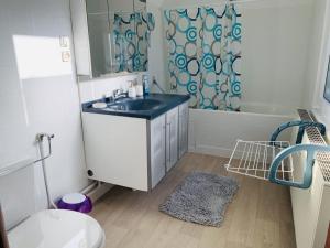 een badkamer met een wastafel en een douchegordijn bij Gîte: À la courbe du fleuve in Godinne