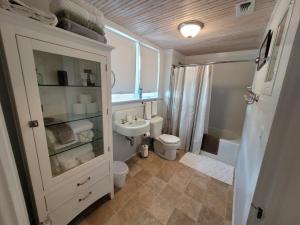 a bathroom with a sink and a toilet and a shower at Holland House - Historic and Sophisticated in Alpine