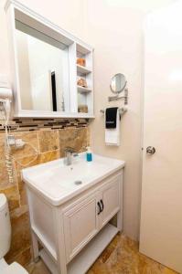 a bathroom with a white sink and a mirror at ArecaPalmsOasis King Bed Near Dunns River Falls in Mammee Bay