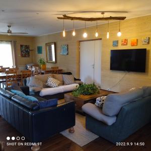 ein Wohnzimmer mit Sofas und einem Flachbild-TV in der Unterkunft Villa La Charmeuse Fleurie in Collias