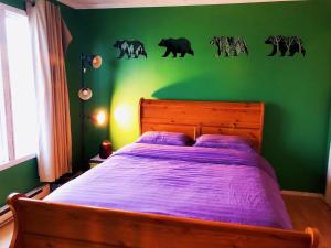 a bedroom with a green wall with a bed with purple sheets at Sarah's dreamhouse B&B in Churchill