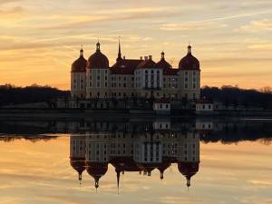 a large building with its reflection in the water at Hof Türke in Moritzburg