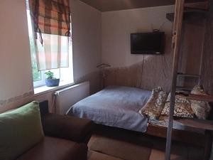 a bedroom with a bed and a tv and a couch at Готель Жасмин in Ternopil +49 photos