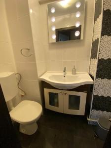 a bathroom with a sink and a toilet and a mirror at Premium Apartment Targoviste in Târgovişte