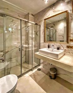 La salle de bains est pourvue d'une douche, d'un lavabo et d'un miroir. dans l'établissement SUITES SAN ESTEBAN 16 Ducal, à Séville