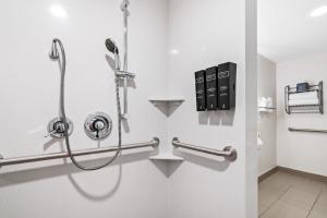 a bathroom with a shower and a toilet at Hotel Avisa Downtown in Morro Bay