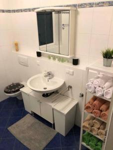 MörlenbachSchöne 128qm große Ferienwohnung in Waldrandlage的一间白色浴室，配有洗手池和镜子。