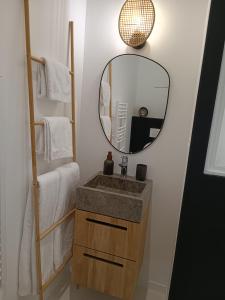 W łazience znajduje się umywalka i lustro. w obiekcie Maison Bailly w mieście Ducey