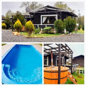 uma colagem de três fotos de uma casa e uma piscina em Cabanas Chosco Alto em Pucón