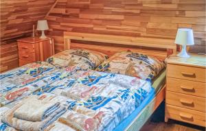 a bedroom with a bed and a wooden wall at Nice Home In Ruciane Nida With Wifi in Ruciane-Nida