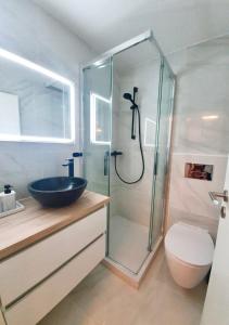 a bathroom with a sink and a glass shower at La Planchette - La Tzoumaz in Riddes