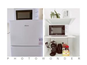 two pictures of a refrigerator with a microwave at La Mimi, Grand T2 hyper centre ville in Fontenay-le-Comte