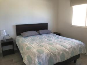 ein Schlafzimmer mit einem Bett mit zwei Kissen und einem Fenster in der Unterkunft Cabaña en Tongoy in Tongoy