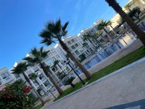 a row of palm trees in front of a building at Costa beach in Bouznika