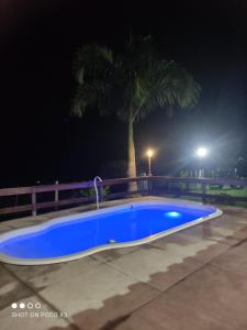 a blue swimming pool with a palm tree at night at Sítio Vista da Serra in Lavrinhas