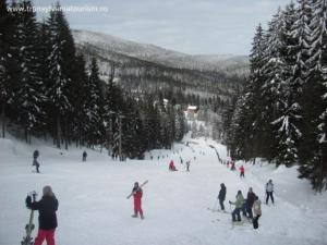 un groupe de personnes skier sur une piste enneigée dans l'établissement Antal Villa - 5mins to ski slope & 1min to skating, à Harghita-Băi