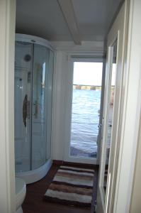 a bathroom with a shower and a toilet and a window at feststehendes Hausboot in Kolonie Zern