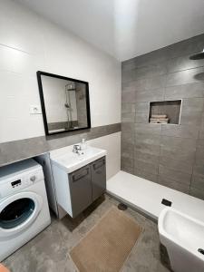 La salle de bains est pourvue d'un lavabo et d'un lave-linge. dans l'établissement Rosa Amarilla Apartment, à Puerto Rico