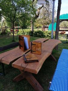 a wooden table with two boxes on it in a park at Gasthaus Pension Schumbert in Bullau