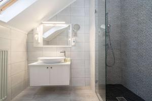 La salle de bains blanche est pourvue d'un lavabo et d'une douche. dans l'établissement Villa Rose Garden, à Nyíregyháza